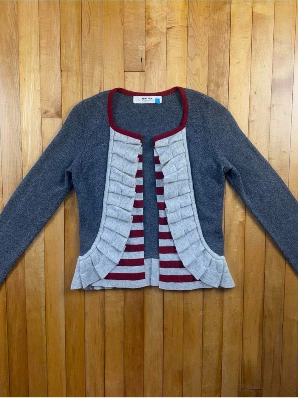 Sparrow Women’s Small Wool Blend Ruffle Open Cardigan Gray Red Striped Cashmere - Picture 2 of 8